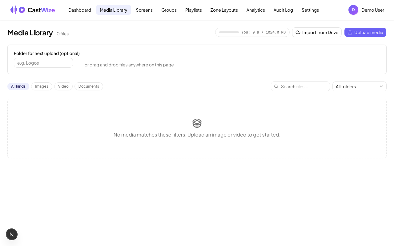 The Media Library page, empty, with the Upload media button