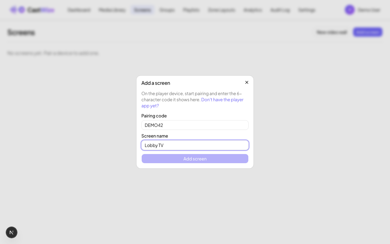 The Add a screen dialog filled in with a pairing code and the name Lobby TV