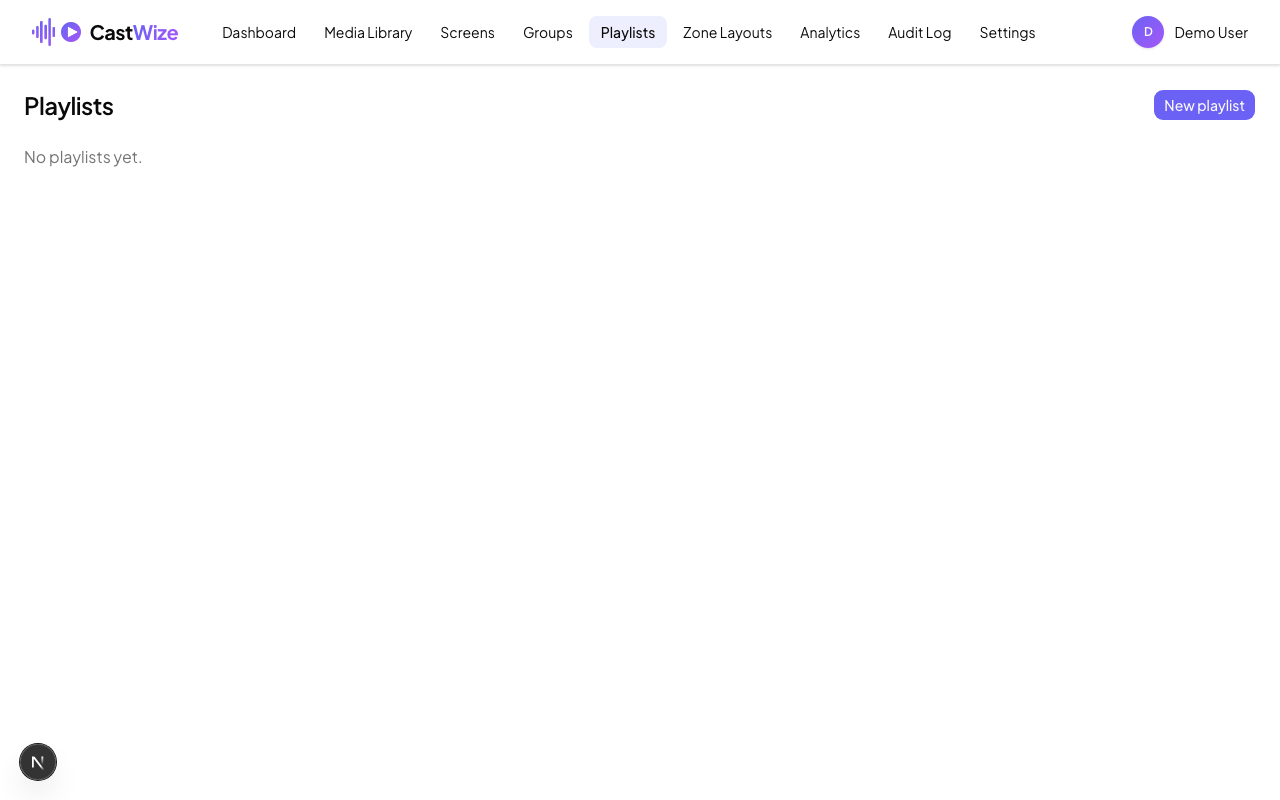 The Playlists page, empty, with the New playlist button