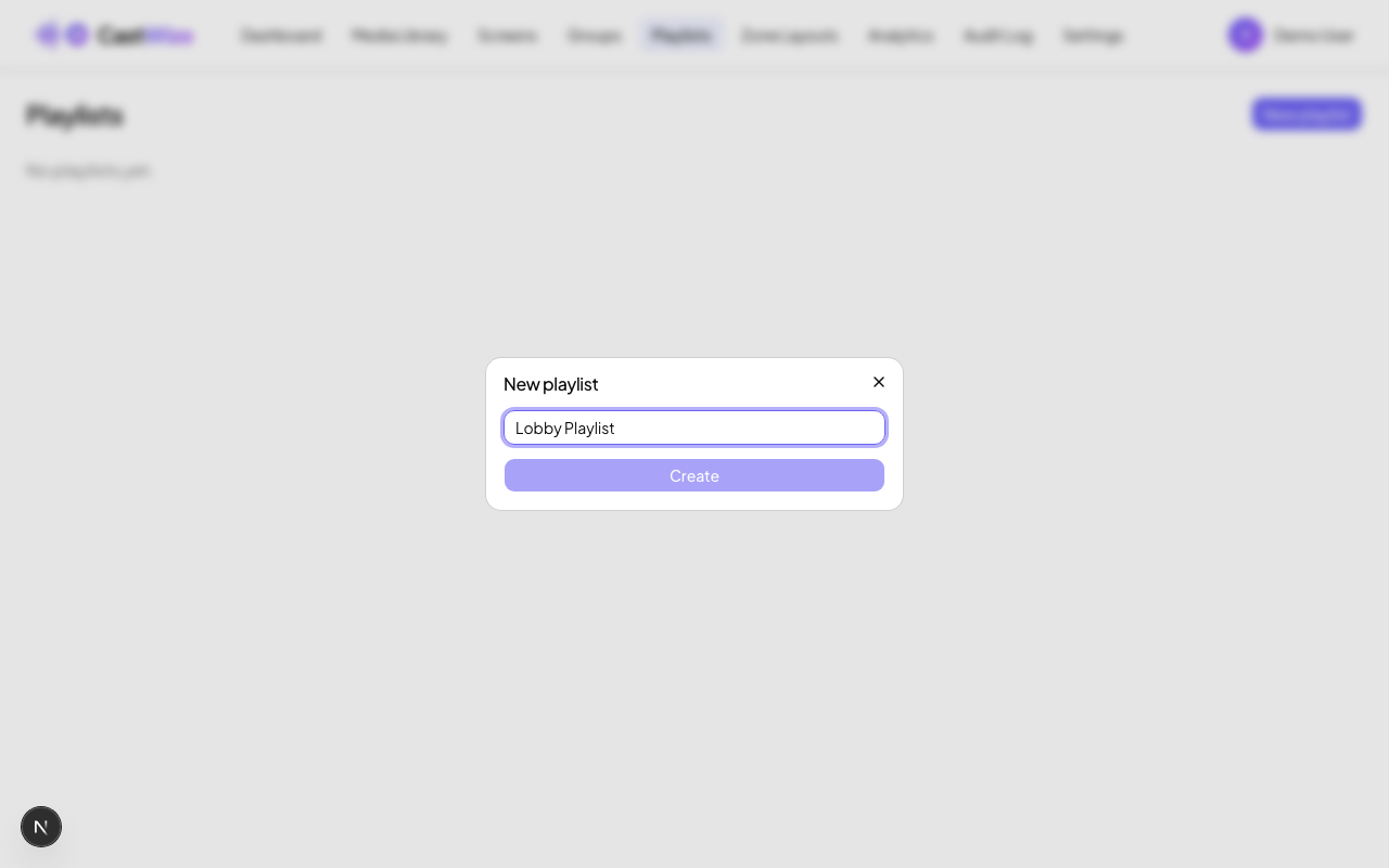 The New playlist dialog, filled in with the name Lobby Playlist