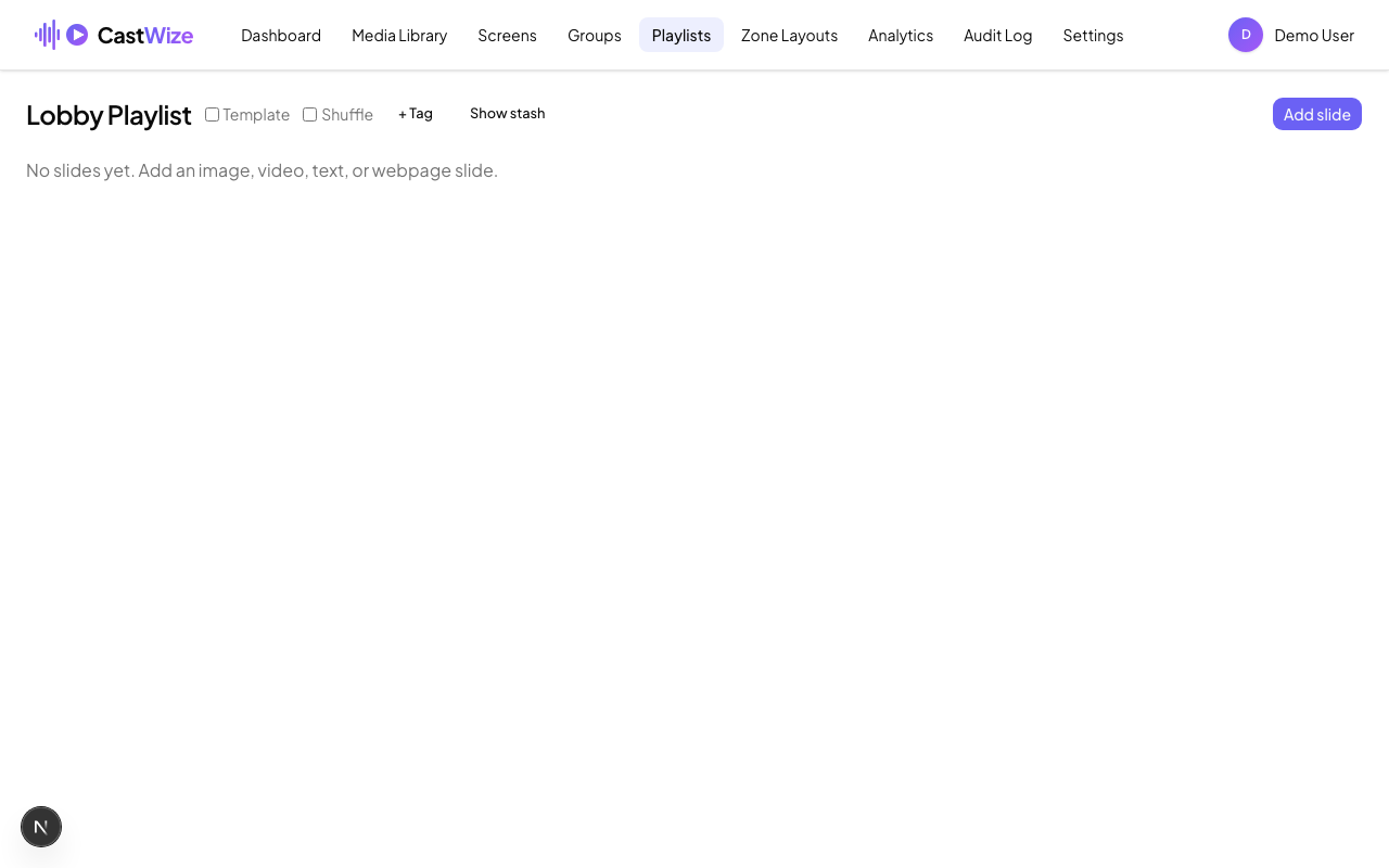 The newly created Lobby Playlist, empty, with the Add slide button