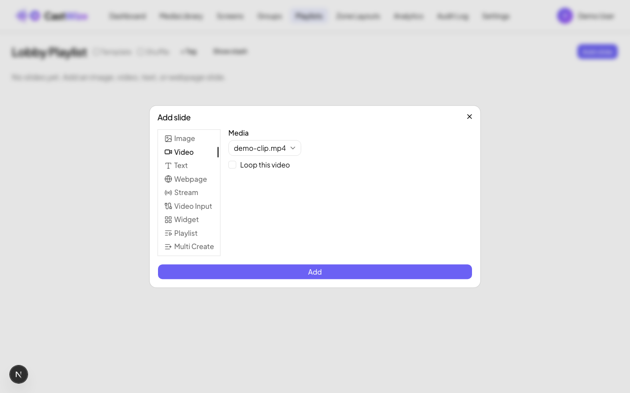 The Add slide dialog, Video tab selected, with demo-clip.mp4 chosen from the Media dropdown