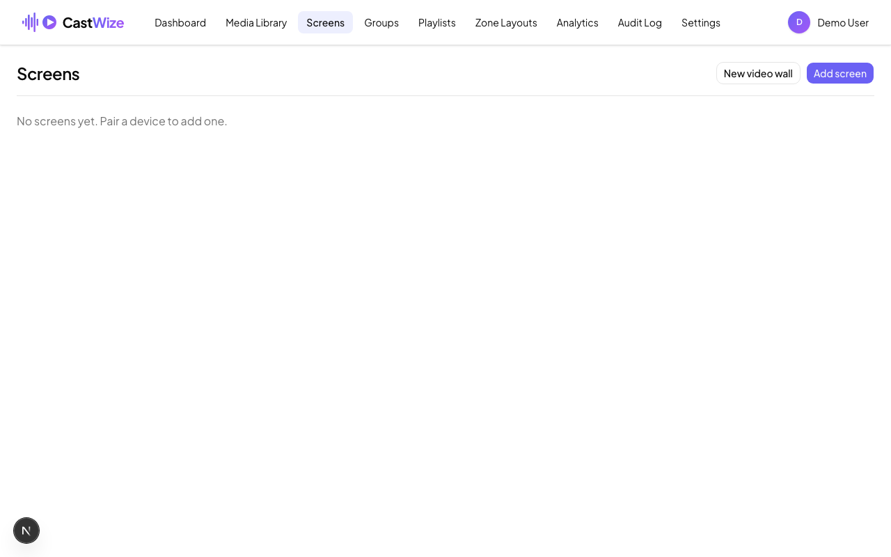 The Screens page, empty, with the Add screen button