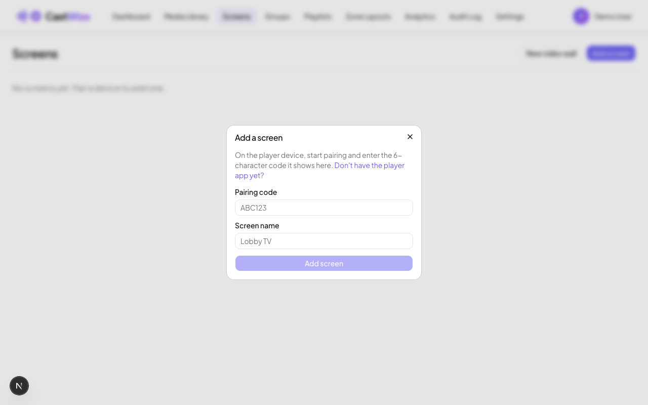 The Add a screen dialog, showing empty pairing code and screen name fields